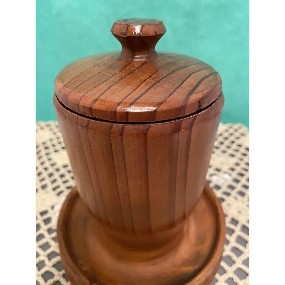 Antique Turned Maple Wood Lidded Cylindric Canister Lid Having Button Cap Finial